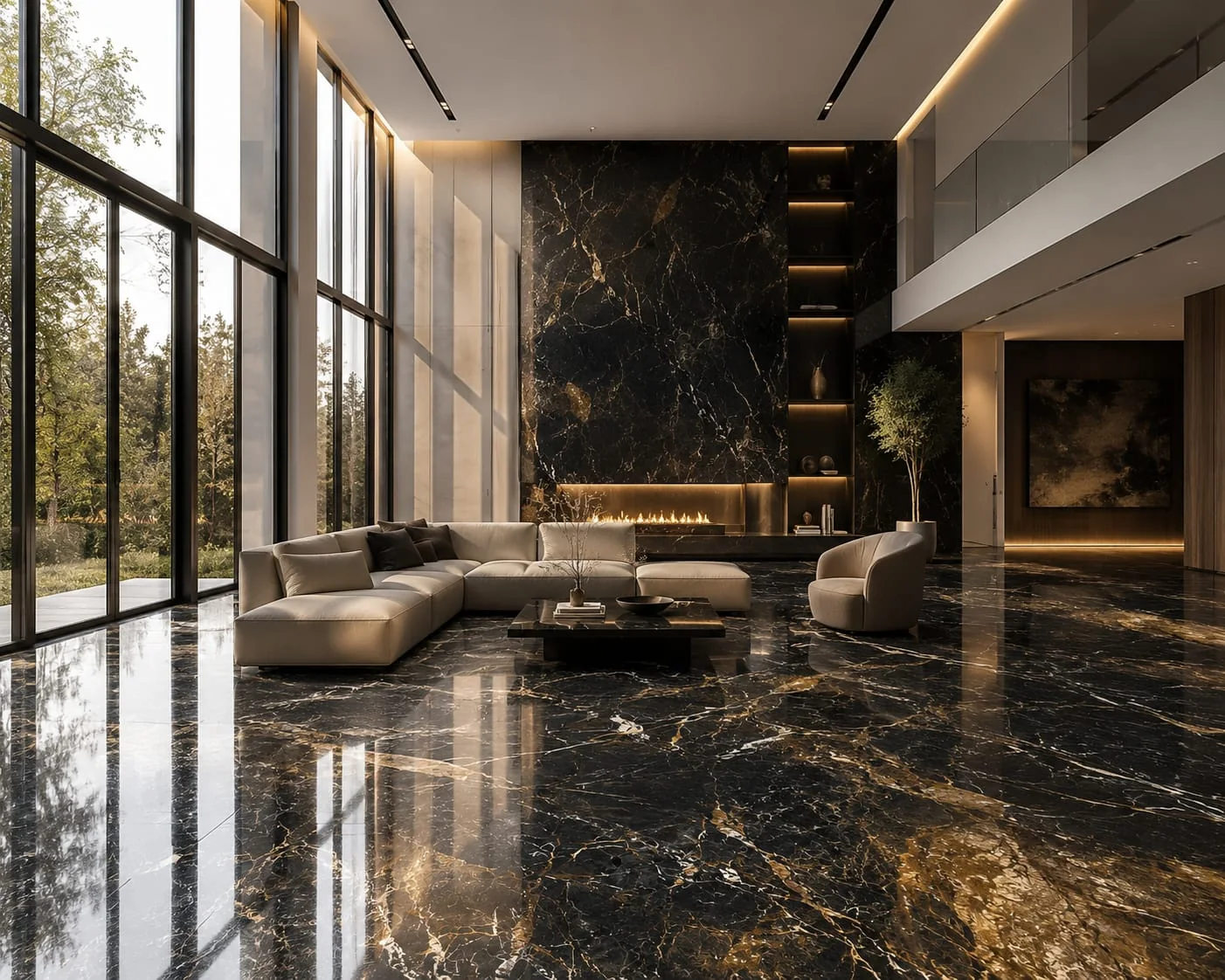 Luxuriöses Wohnzimmer mit schwarz-goldener Marmorwand und poliertem Marmorboden
