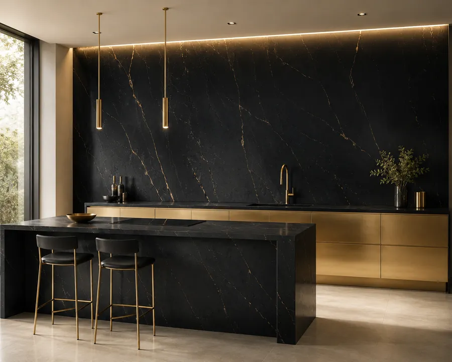 Moderne schwarze Küche mit goldener Äderung