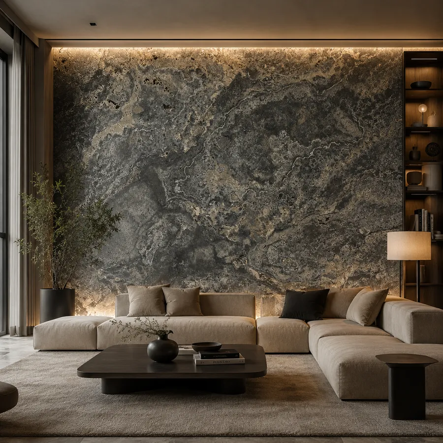 Wohnzimmer mit hinterleuchteter Silver-Travertin-Wand